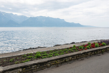 Panorama of town of Vevey and Lake Geneva,  Switzerland