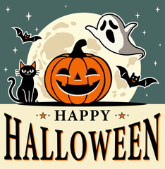 Festive Halloween Illustration with Pumpkin, Cat, and Ghost