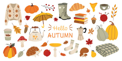 Autumn set of cute and cozy design elements. Hello fall. Pumpkins, socks, sweater, leaves, coffee, teapot, umbrella, mushrooms. Color flat vector illustration isolated on white background