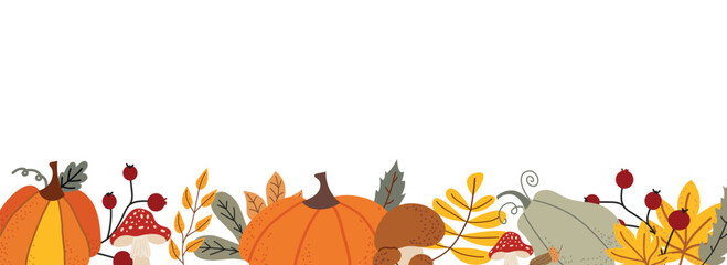 Autumn background with pumpkins, leaves and mushrooms. Cute fall vector illustration. Poster, web banner, poster. Thanksgiving. White isolated background.