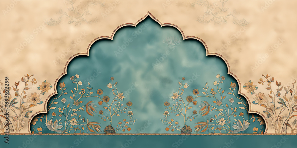 Poster floral arabesque pattern creating elegant vintage frame on textured background