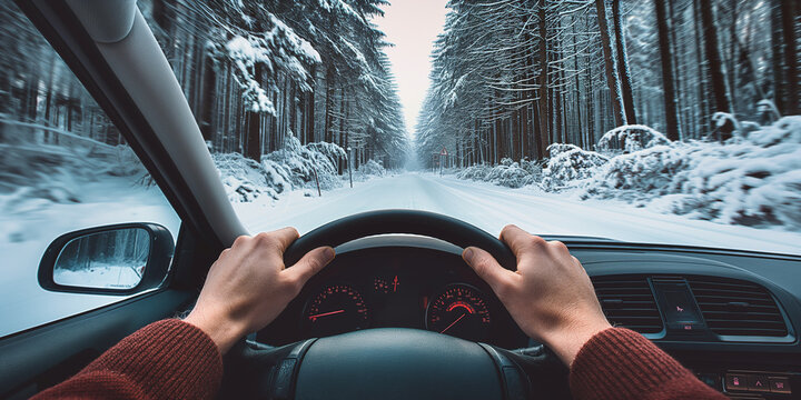 Man driving car on snowy road through winter forest