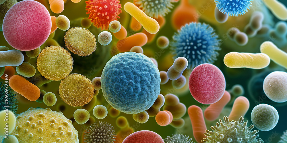 Poster Microscopic view of bacteria and viruses floating in a colorful biological environment