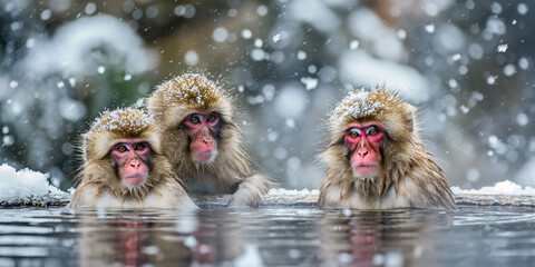 Three japanese macaques relaxing in hot spring during snowfall