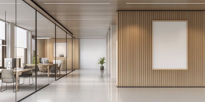 Empty modern office space with a wooden wall and a framed vertical poster