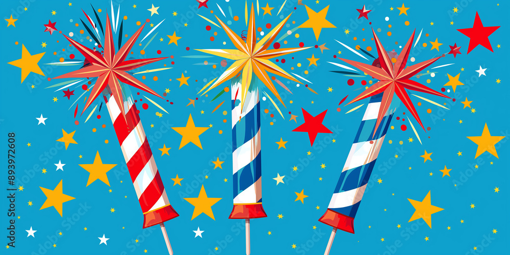 Poster three fireworks exploding with red white and blue stars on a blue background