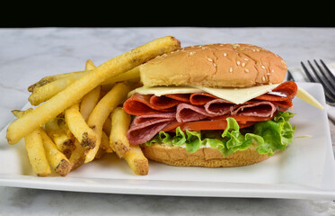 salami and pepperoni top with cheese on sesame bun