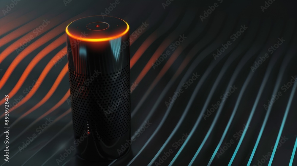 Poster a modern, sleek smart speaker with led lights and futuristic aesthetics. it's an intelligent device 