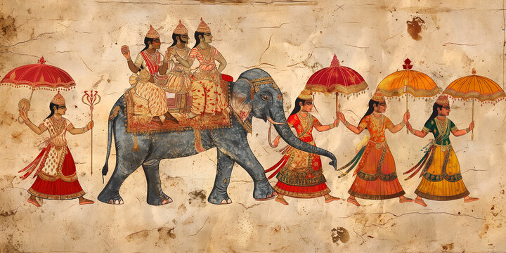 Indian procession featuring gods and goddesses riding an elephant