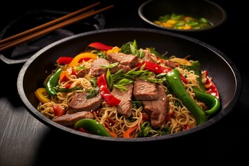 A close-up of a delicious Asian stir-fry noodle dish with beef and colorful vegetables in a black bowl