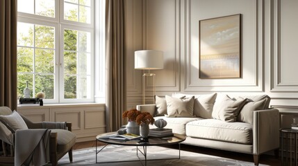 A sunlit living room with a white sofa a glass coffee table and an armchair