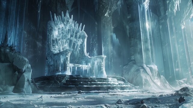 A majestic ice throne in a frozen cavern, surrounded by icicles and frost