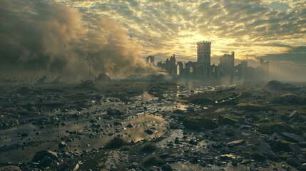 Fototapeta premium Ruined medieval castle silhouetted against dramatic cloudy sky. Debris-strewn rocky shore with reflective pools. Misty atmosphere and birds flying overhead for the background of a medieval wallpaper