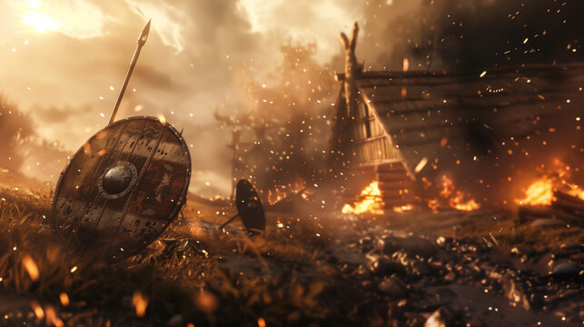Viking shield and spear in foreground of burning village. Wooden longships ablaze in background. Embers and sparks fill smoky air.