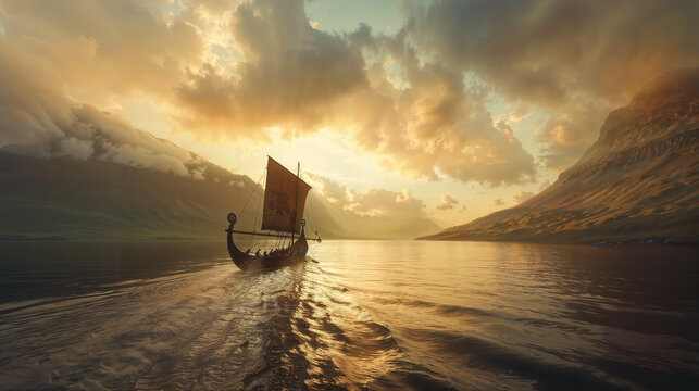 Viking longship sailing into golden sunset. Dramatic sky with clouds and golden sunbeams. Silhouetted mountains frame tranquil waters. Epic and cinematic scene for the background of a wallpaper