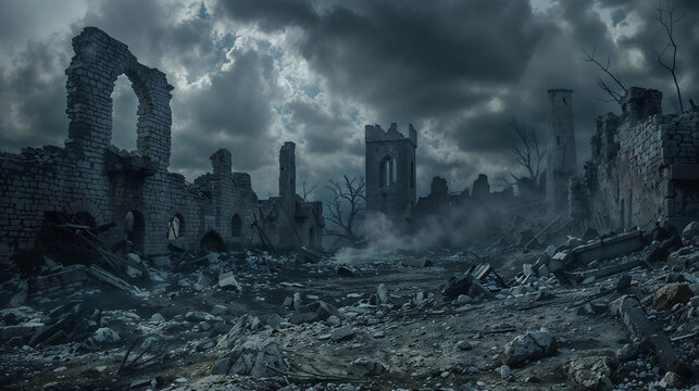 Apocalyptic ruins of medieval city. Crumbling stone structures, gothic arches, and debris-strewn streets under ominous storm clouds. Desolate and eerie atmosphere.