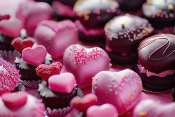 Obraz premium Heart-shaped chocolates with pink frosting and sprinkles.