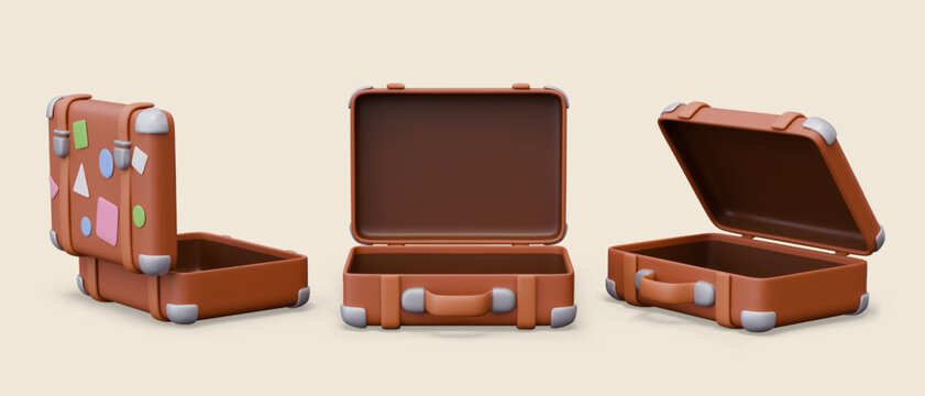 Open brown suitcase in different positions. Tourist bag with colorful stickers