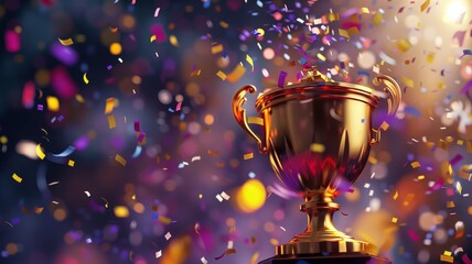 Golden trophy surrounded by colorful confetti, symbolizing victory and celebration