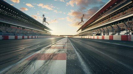 Empty racing track with a crowd of people on the grandstands under a clear sky