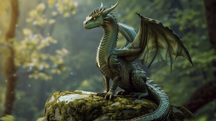 Fototapeta premium A forest dragon with wings sitting on a moss covered stone in a lush green woodland