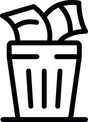 Line icon representing the concept of money waste, depicting banknotes being thrown away in a trash can