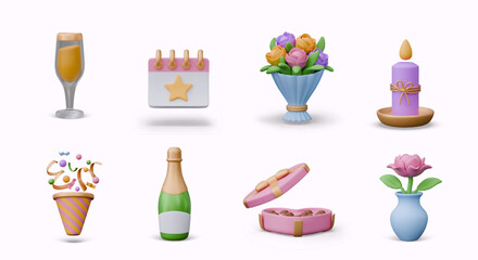 Glass of champagne, calendar, bouquet, candle, cone cracker, bottle of wine, chocolates, flower