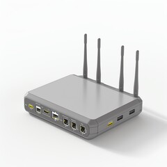 Modern wireless router with four antennas isolated on white background.