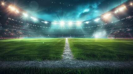 A spectacular sport stadium with glowing floodlights and a pristine green field