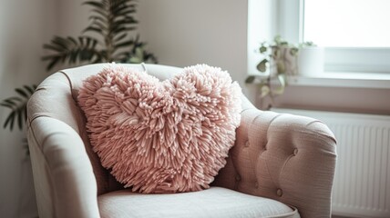 Cozy pink heart-shaped pillow on beige armchair near window, surrounded by houseplants