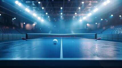 Table tennis setup with bats and a white ball inside a modern arena