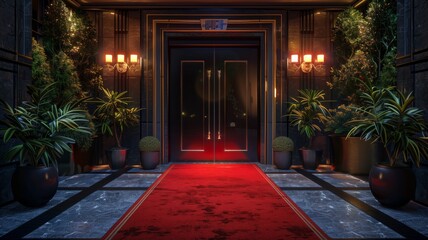VIP luxury entrance with a red carpet detailed and elegantly illuminated