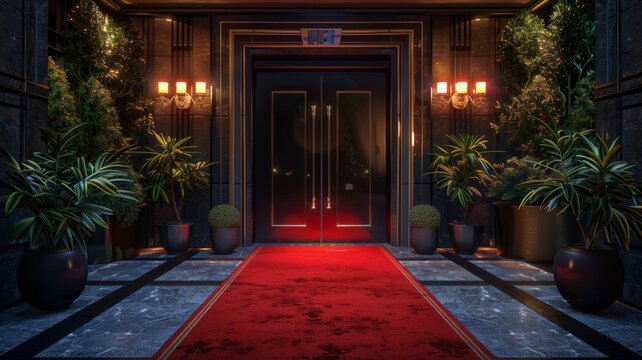 VIP luxury entrance with a red carpet detailed and elegantly illuminated