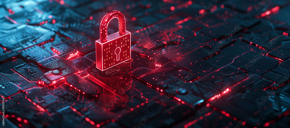 Poster hacker attack. security breach, system hacked, internet cyber attack alert with red broken padlock, 
