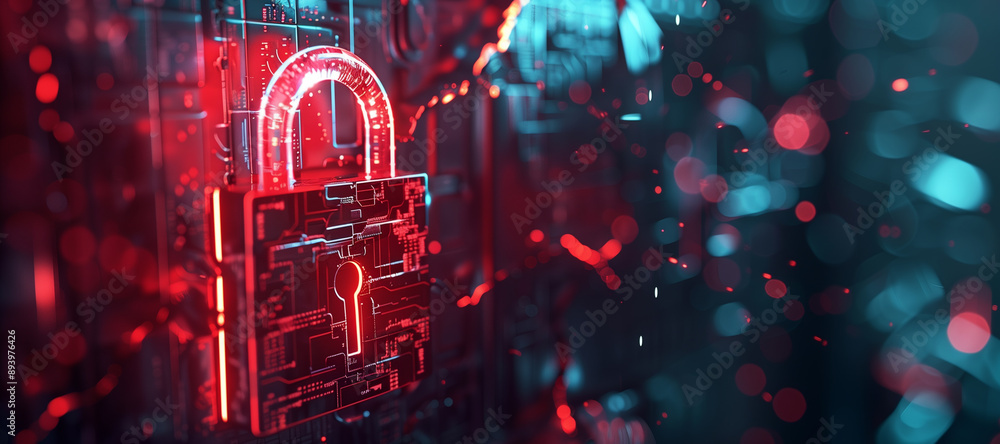 Poster hacker attack. security breach, system hacked, internet cyber attack alert with red broken padlock, 