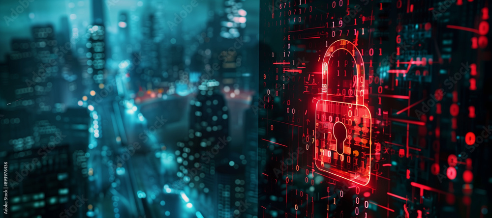 Poster hacker attack. security breach, system hacked, internet cyber attack alert with red broken padlock, 