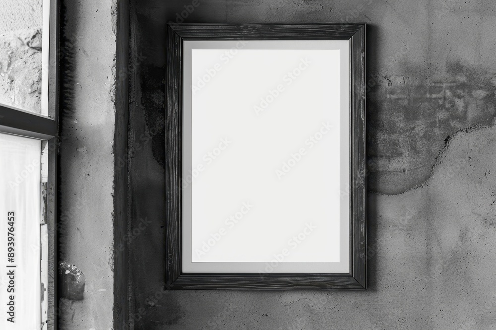 Poster this image depicts an empty picture frame hanging on a textured wall, giving it a clean and minimali