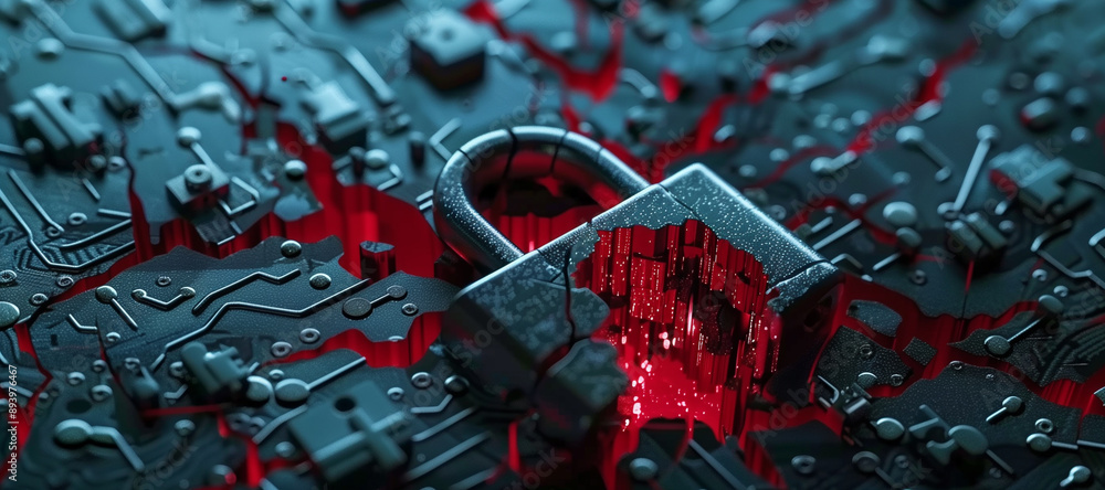 Poster hacker attack. security breach, system hacked, internet cyber attack alert with red broken padlock, 