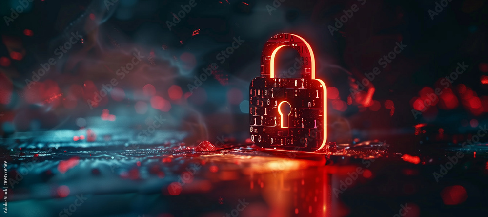 Poster hacker attack. security breach, system hacked, internet cyber attack alert with red broken padlock, 