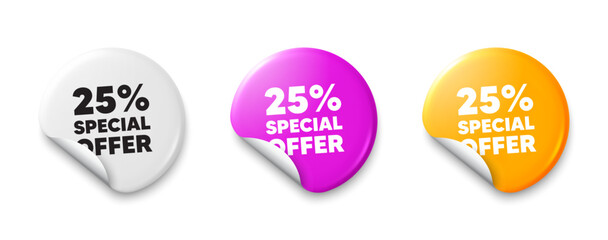 25 percent discount offer tag. Price tag sticker with offer message. Sale price promo sign. Special offer symbol. Sticker tag banners. Discount label badge. Vector