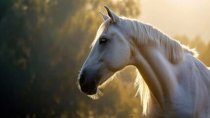 White horse with flowing mane, captured during a moment of calm while grazing amidst a natural outdoor setting