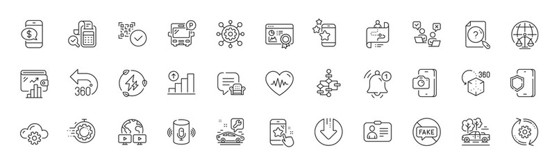Cogwheel, Online voting and Wallet line icons. Pack of Phone payment, Fake news, Video conference icon. Green electricity, Id card, Seo certificate pictogram. Phone photo, Graph chart. Vector