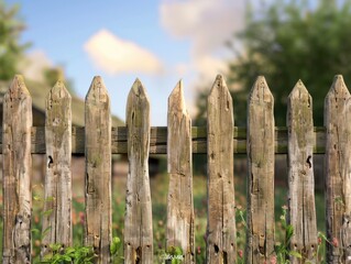 A vintage-style wooden fence with a weathered look, ideal for rustic gardens or rural scenes.