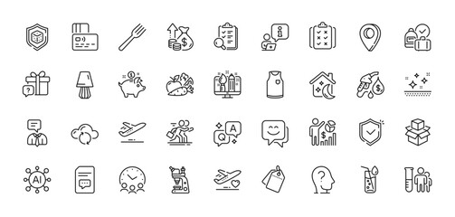 Secret gift, Seo statistics and Medical flight line icons pack. AI, Question and Answer, Map pin icons. Dice, Vegetables, Microscope web icon. Smile face, Plane, Rule pictogram. Vector