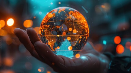 Hand holding glowing digital globe with world map inside, symbolizing global connectivity and technology. Abstract background of neon lights and electronic elements.