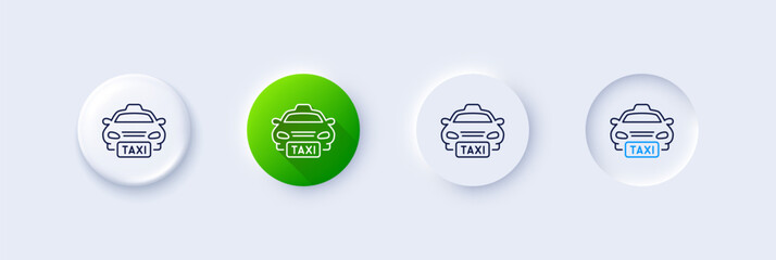 Taxi line icon. Neumorphic, Green gradient, 3d pin buttons. Cab public transport sign. Transfer vehicle symbol. Line icons. Neumorphic buttons with outline signs. Vector © blankstock