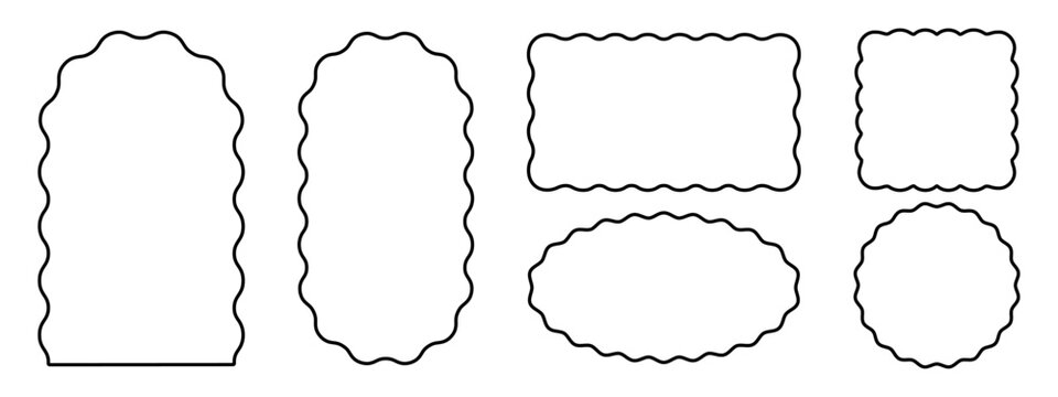 Set of arch and double arc, rectangle and square, oval and circle frames with wavy edges. Simple geometric forms with wiggly borders. Empty boxes, tags or labels. Vector graphic illustration.