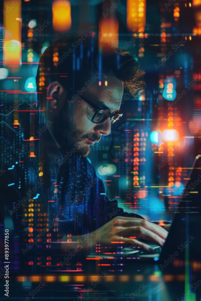 Aufkleber man working at a computer, analyzing digital security data with holographic interface and urban nigh