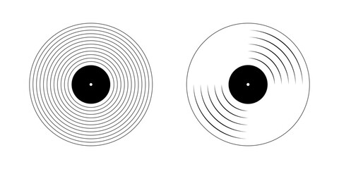 Vinyl records icons. Gramophone LP or long play music discs isolated on white background. DJ equipment for techno party or discotheque in 70s 80s 90s style. Vector graphic illustration. © vikusha_art