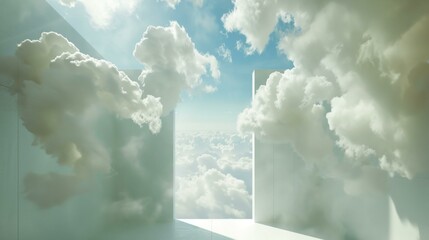 Dreamy geometric space filled with fluffy clouds, soft blue tones, perfect for product showcases, evoking feelings of tranquility and creativity. Copy space.